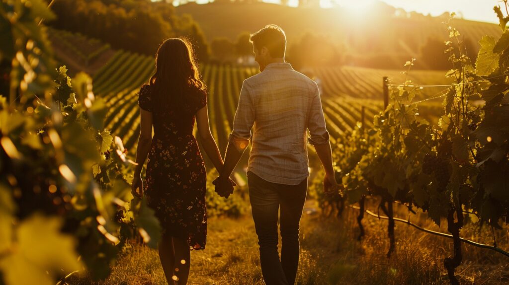 couple walking through vineyard